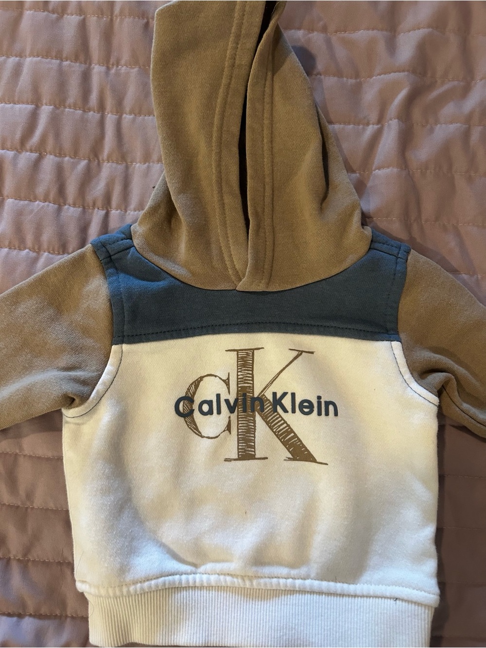 Calvin Klein Kids Hooded Colorblock Sweatshirt in Cream, Brown & Blue